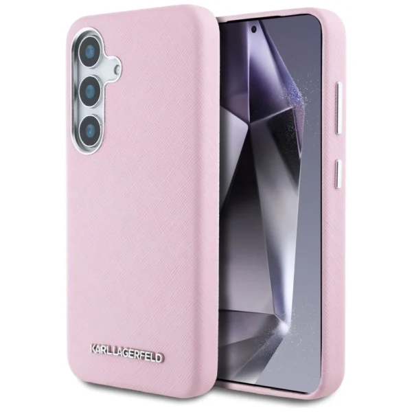 Karl Lagerfeld Saffiano Full Wrapped Elongated Metal Logo MagSafe Case for Samsung Galaxy S25 - Pinkeng