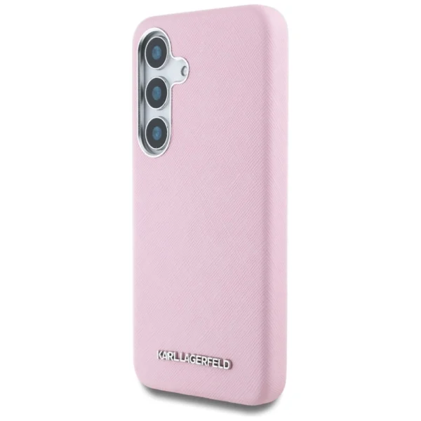 Karl Lagerfeld Saffiano Full Wrapped Elongated Metal Logo MagSafe Case for Samsung Galaxy S25 - Pinkeng