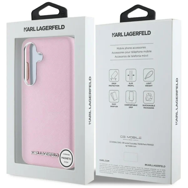 Karl Lagerfeld Saffiano Full Wrapped Elongated Metal Logo MagSafe Case for Samsung Galaxy S25 - Pinkeng