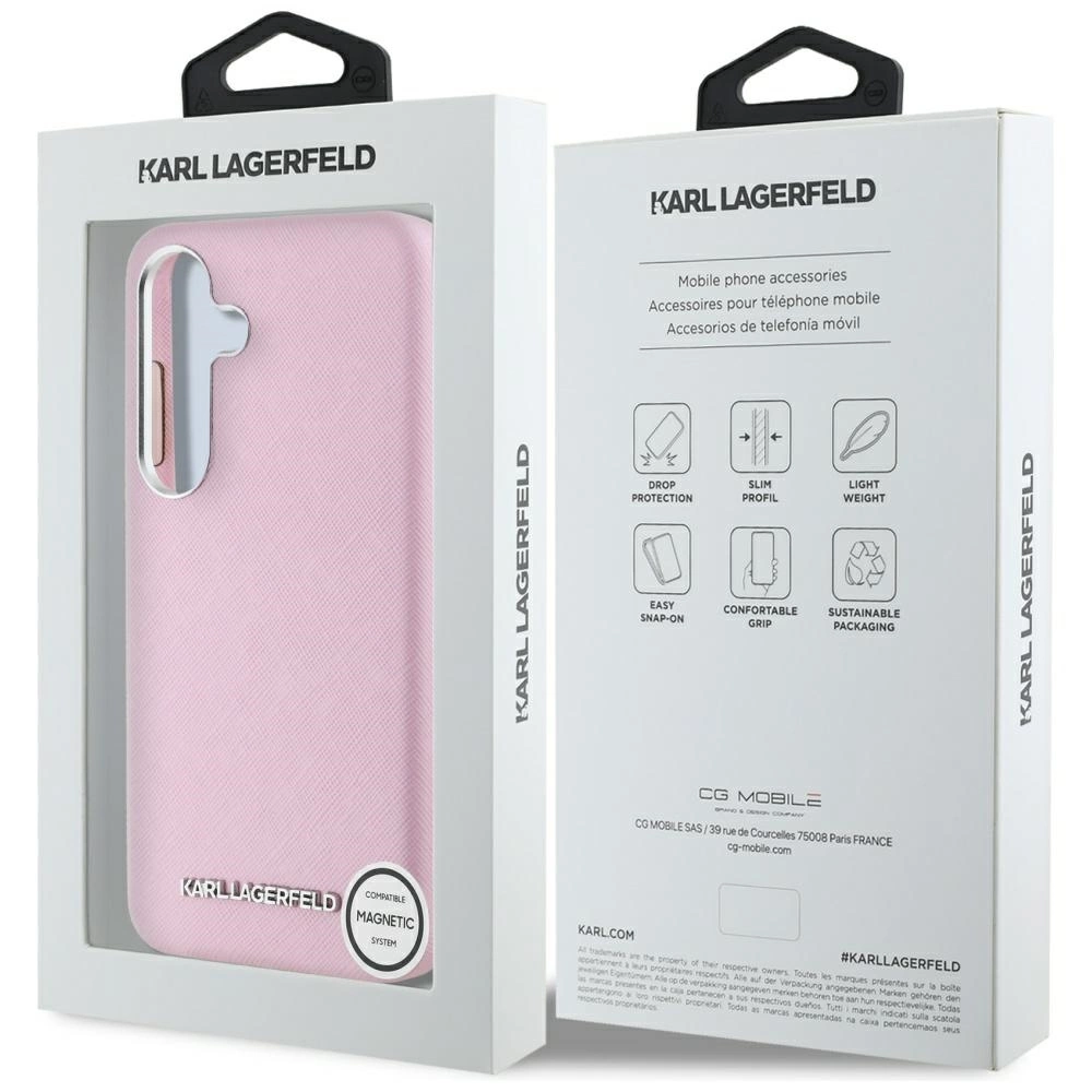 Karl Lagerfeld Saffiano Full Wrapped Elongated Metal Logo MagSafe Case for Samsung Galaxy S25 - Pinkeng