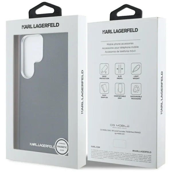Karl Lagerfeld Saffiano Full Wrapped Elongated Metal Logo MagSafe Case for Samsung Galaxy S25 Ultra - Blackeng