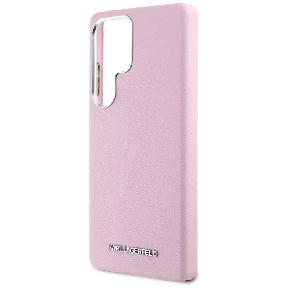 Karl Lagerfeld Saffiano Full Wrapped Elongated Metal Logo MagSafe Case for Samsung Galaxy S25 Ultra - Pinkeng
