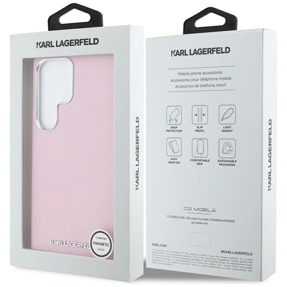 Karl Lagerfeld Saffiano Full Wrapped Elongated Metal Logo MagSafe Case for Samsung Galaxy S25 Ultra - Pinkeng