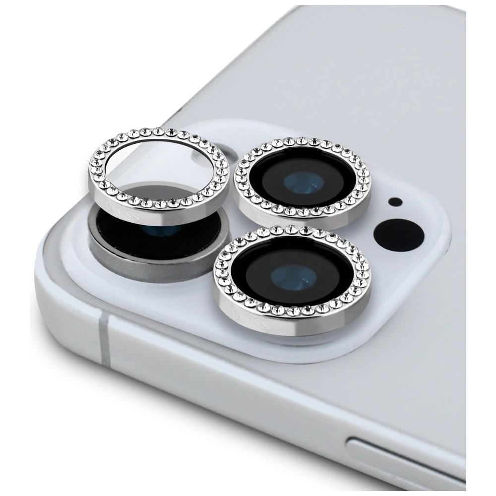 Guess BP Rhinestone 2in1 Screen Protector and Camera Lens Set for iPhone 16 Pro Max - Silvereng