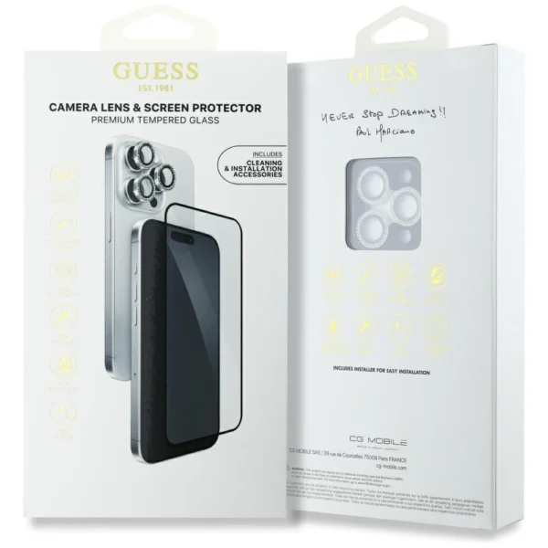 Guess BP Rhinestone 2in1 Screen Protector and Camera Lens Set for iPhone 16 Pro Max - Silvereng