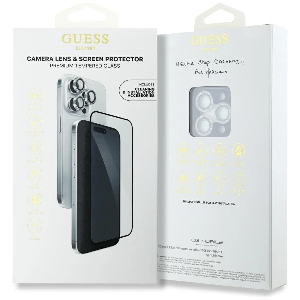 Guess BP Rhinestone 2in1 Screen Protector and Camera Lens Set for iPhone 16 Pro Max - Silvereng