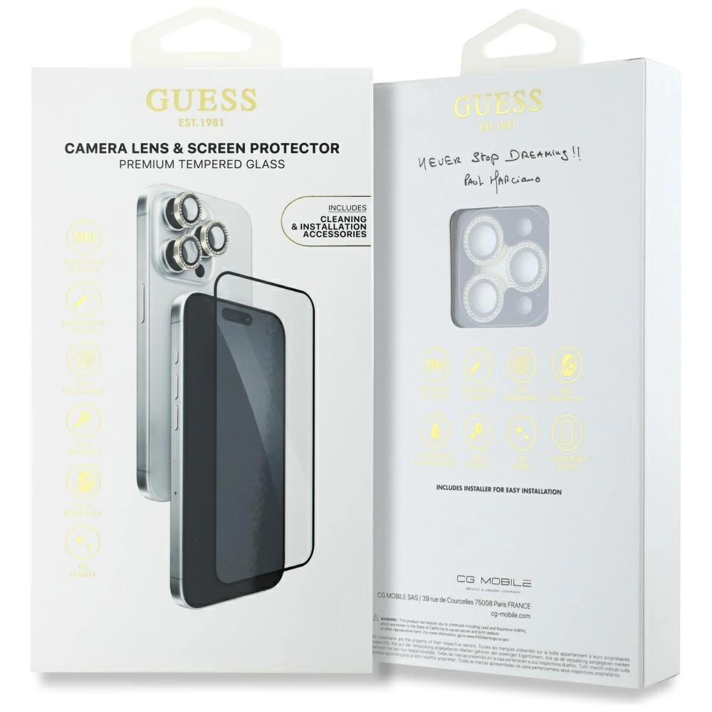 Guess BP Rhinestone 2in1 Screen Protector and Camera Lens Set for iPhone 16 Pro Max - Goldeng