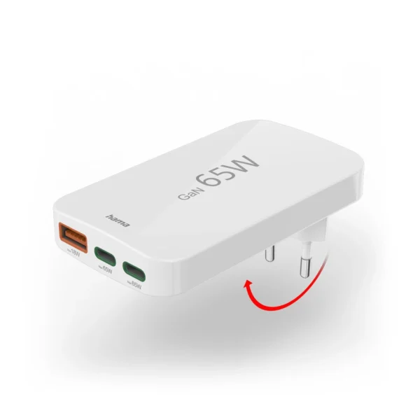 Hama GaN Charger 65W 2x USB-C 1x USB-A Foldable - Whiteeng