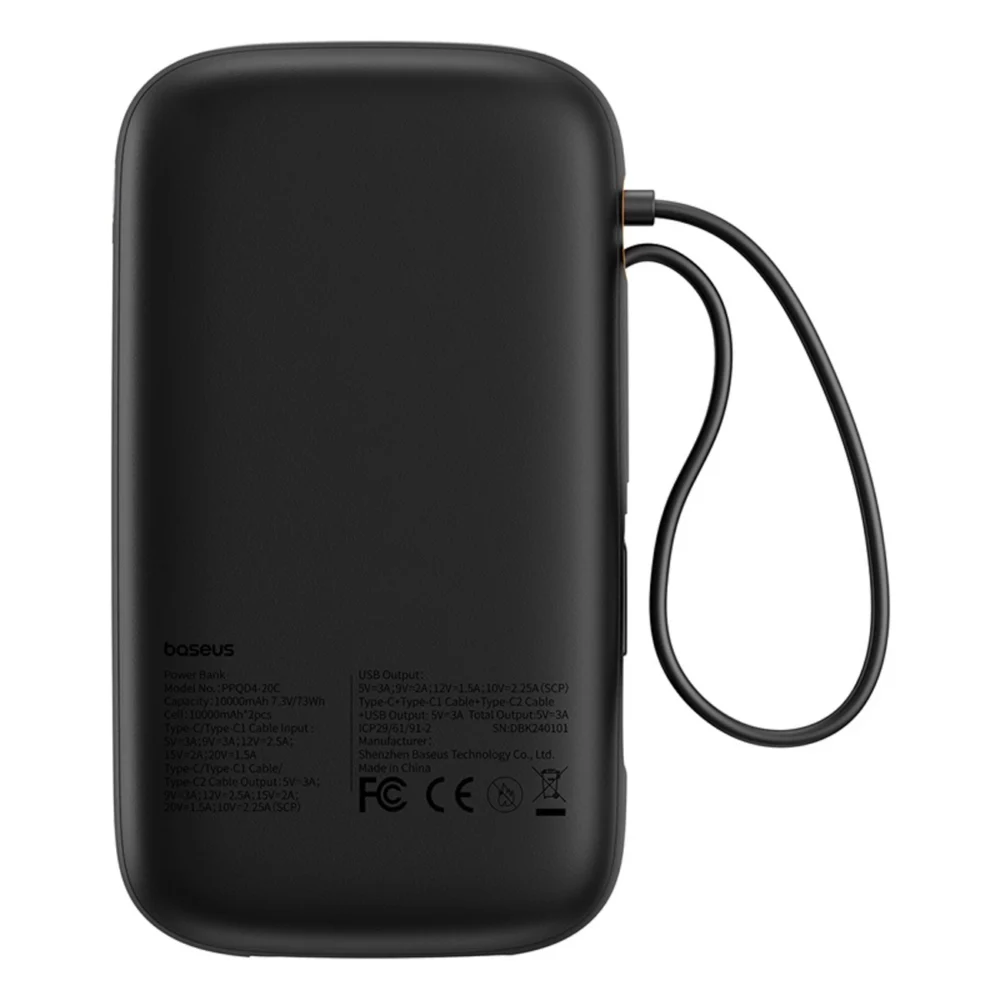 Baseus QPow 2 20000mAh 30W Power Bank with 2 Built-in USB-C Cables - Blackeng