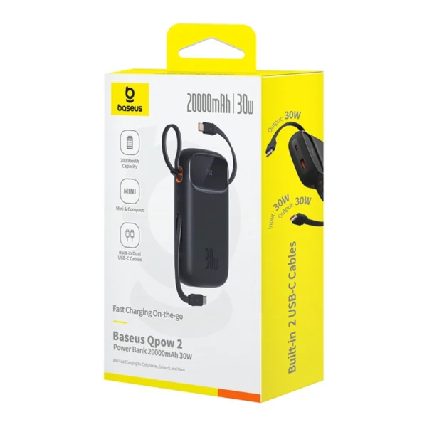 Baseus QPow 2 20000mAh 30W Power Bank with 2 Built-in USB-C Cables - Blackeng