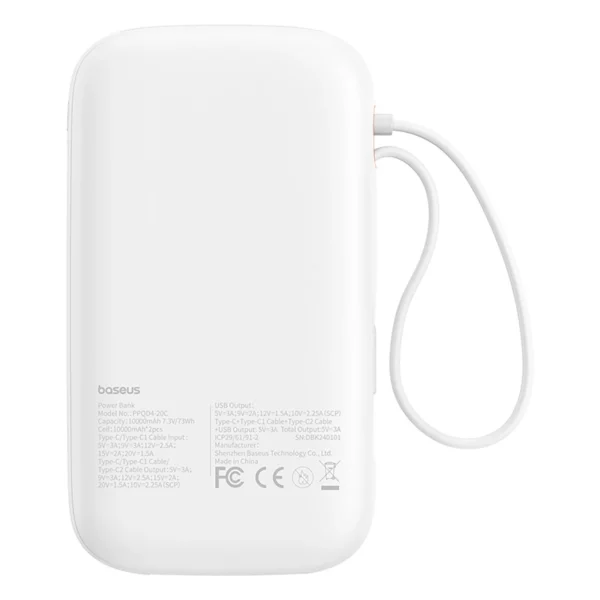 Baseus QPow 2 20000mAh 30W Power Bank with 2 Built-in USB-C Cables - Whiteeng