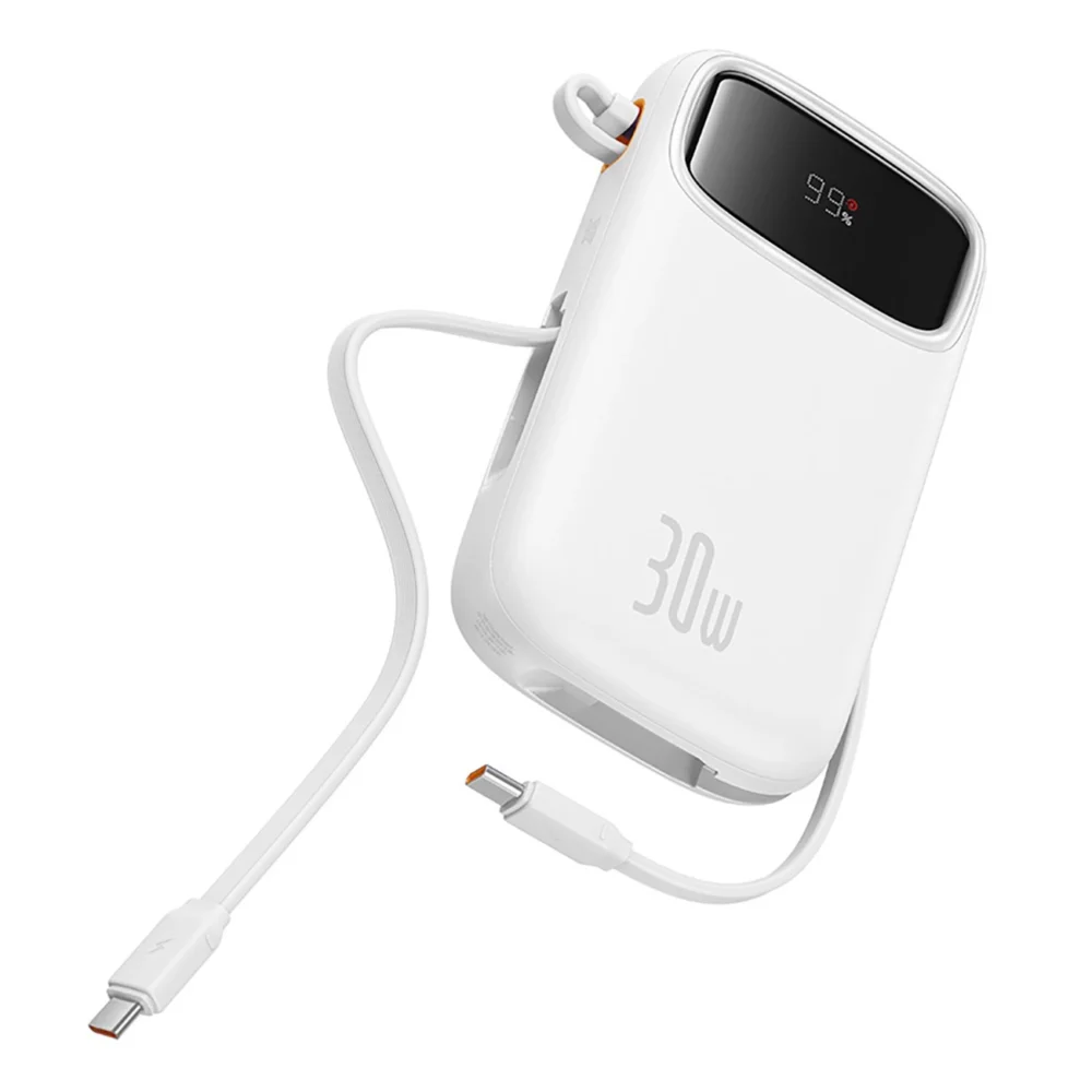 Baseus QPow 2 20000mAh 30W Power Bank with 2 Built-in USB-C Cables - Whiteeng