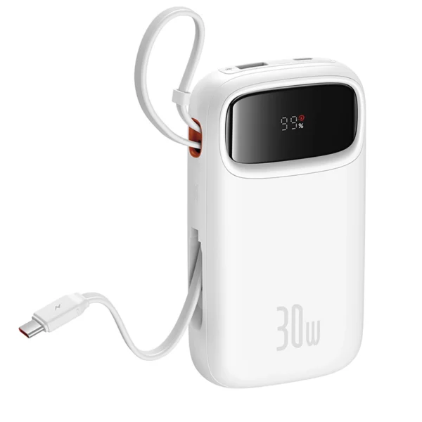 Baseus QPow 2 20000mAh 30W Power Bank with 2 Built-in USB-C Cables - Whiteeng