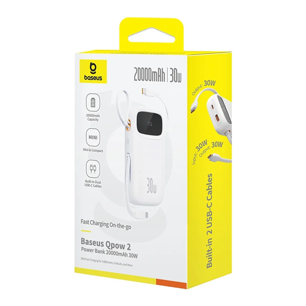 Baseus QPow 2 20000mAh 30W Power Bank with 2 Built-in USB-C Cables - Whiteeng