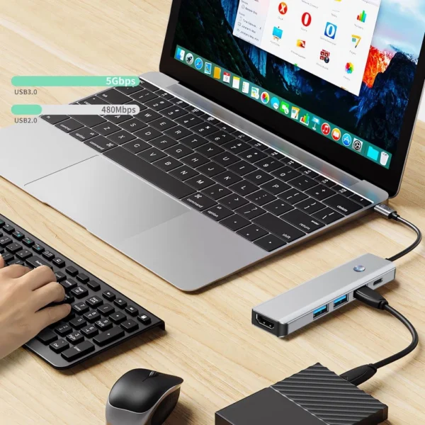 Tech-Protect HB01 HUB Adapter 5in1 USB-C + USB3.0 + HDMI 4K 60Hz + PD100W - grayeng