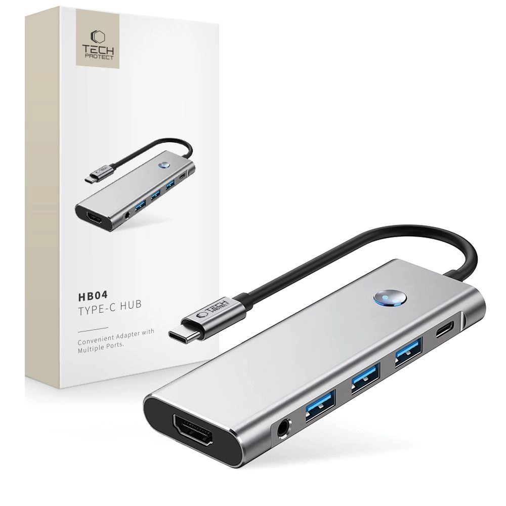 Tech-Protect HB04 HUB Adapter 9in1 USB-C + USB2.0 + USB3.0 + HDMI 4K 60Hz + SD / TF + PD100W + AV3.5 - grayeng