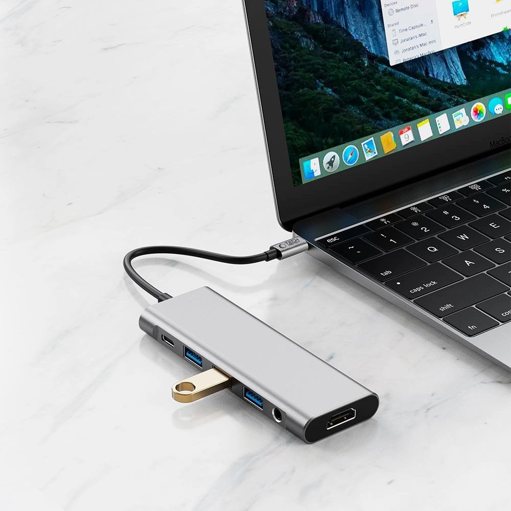 Tech-Protect HB04 HUB Adapter 9in1 USB-C + USB2.0 + USB3.0 + HDMI 4K 60Hz + SD / TF + PD100W + AV3.5 - grayeng