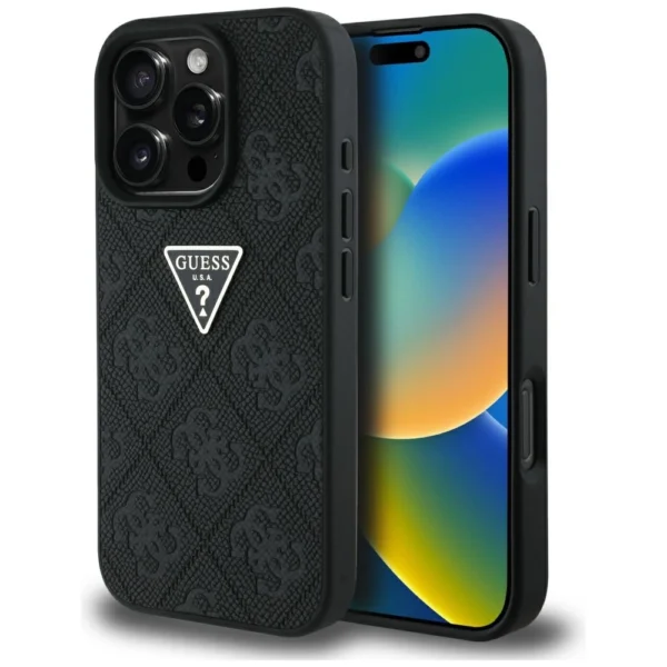 Guess Hot Stamp 4G Pattern Triangle Metal Logo iPhone 16 Pro Max Case - Blackeng