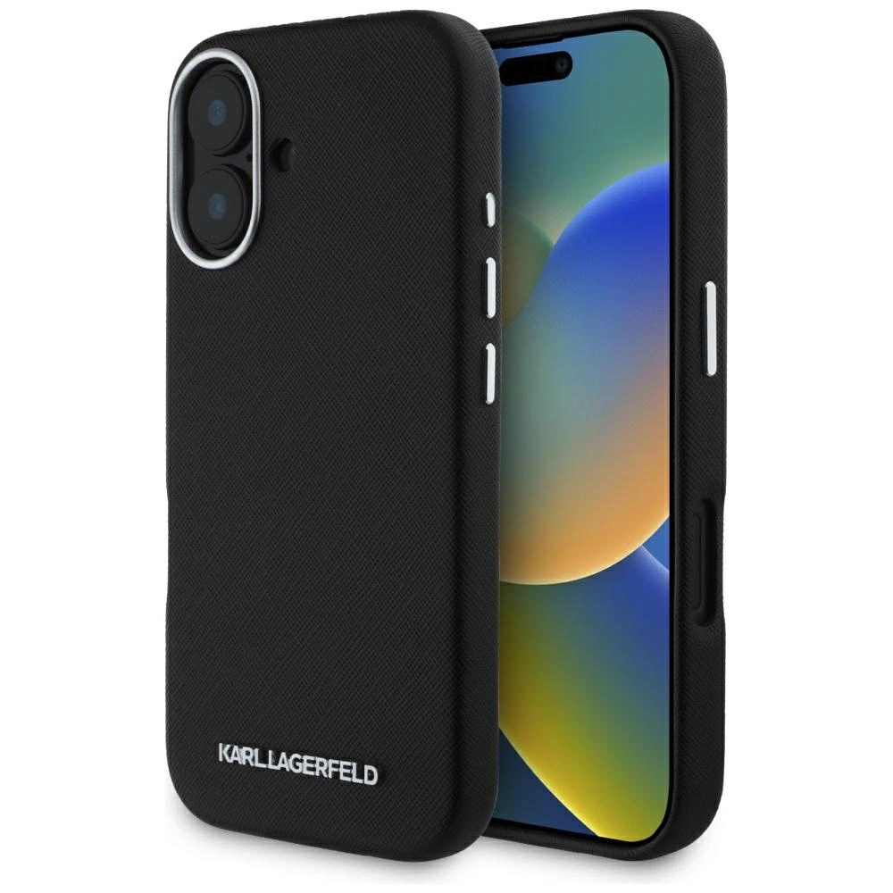 Karl Lagerfeld Saffiano Full Wrapped Elongated Metal Logo MagSafe Case for iPhone 16 - Blackeng