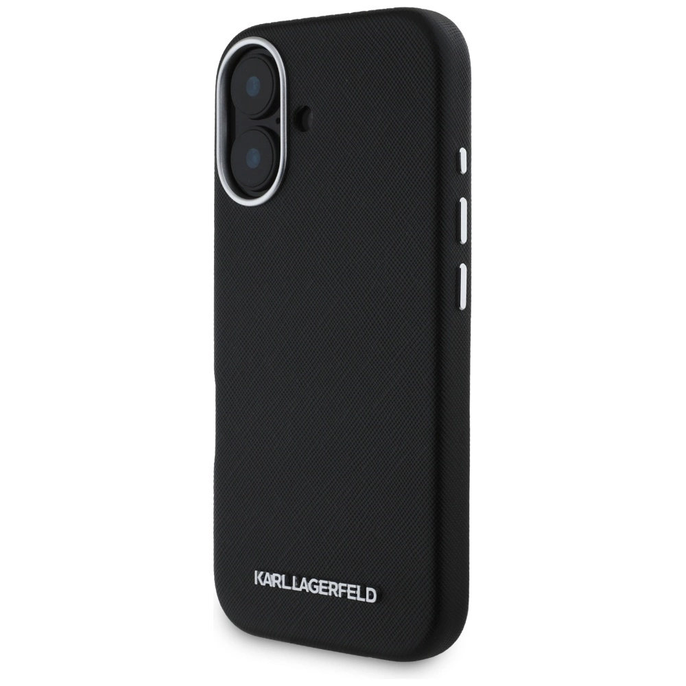 Karl Lagerfeld Saffiano Full Wrapped Elongated Metal Logo MagSafe Case for iPhone 16 - Blackeng