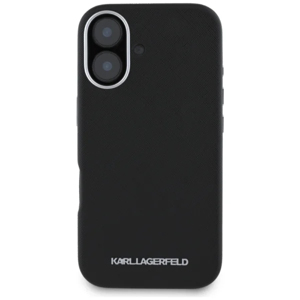Karl Lagerfeld Saffiano Full Wrapped Elongated Metal Logo MagSafe Case for iPhone 16 - Blackeng