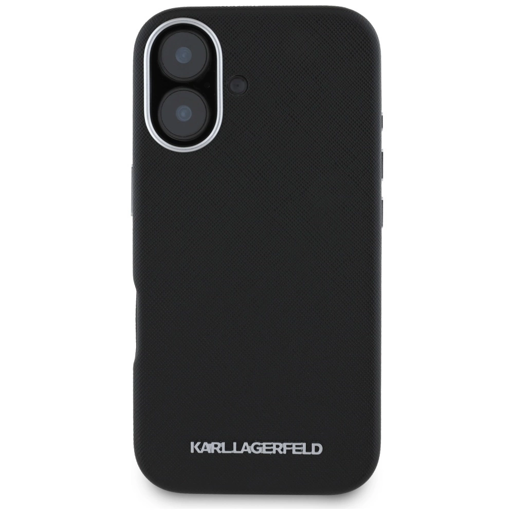 Karl Lagerfeld Saffiano Full Wrapped Elongated Metal Logo MagSafe Case for iPhone 16 - Blackeng