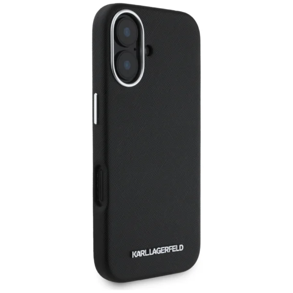 Karl Lagerfeld Saffiano Full Wrapped Elongated Metal Logo MagSafe Case for iPhone 16 - Blackeng