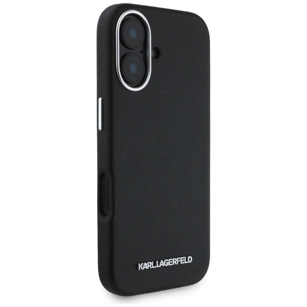 Karl Lagerfeld Saffiano Full Wrapped Elongated Metal Logo MagSafe Case for iPhone 16 - Blackeng