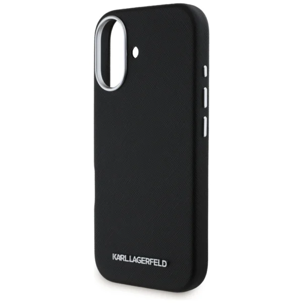 Karl Lagerfeld Saffiano Full Wrapped Elongated Metal Logo MagSafe Case for iPhone 16 - Blackeng