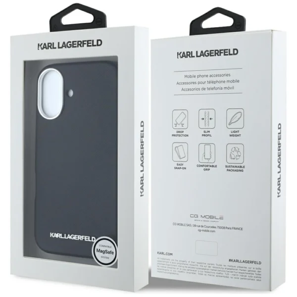 Karl Lagerfeld Saffiano Full Wrapped Elongated Metal Logo MagSafe Case for iPhone 16 - Blackeng