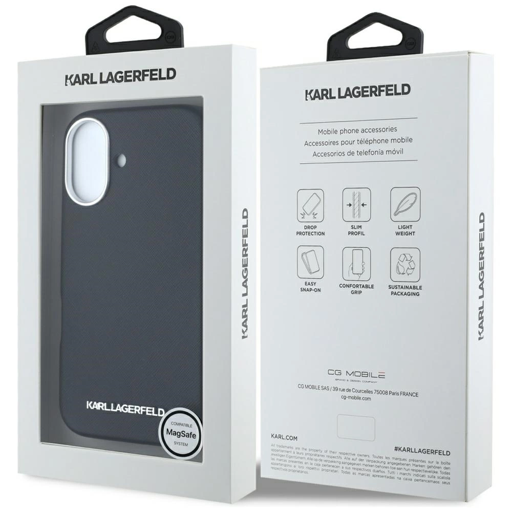 Karl Lagerfeld Saffiano Full Wrapped Elongated Metal Logo MagSafe Case for iPhone 16 - Blackeng