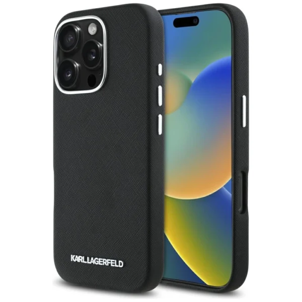Karl Lagerfeld Saffiano Full Wrapped Elongated Metal Logo MagSafe iPhone 16 Pro Case - Blackeng