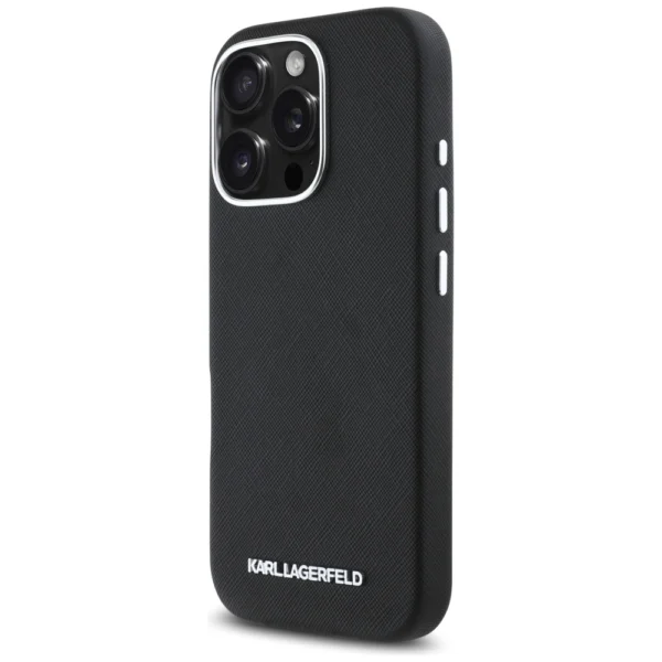 Karl Lagerfeld Saffiano Full Wrapped Elongated Metal Logo MagSafe iPhone 16 Pro Case - Blackeng