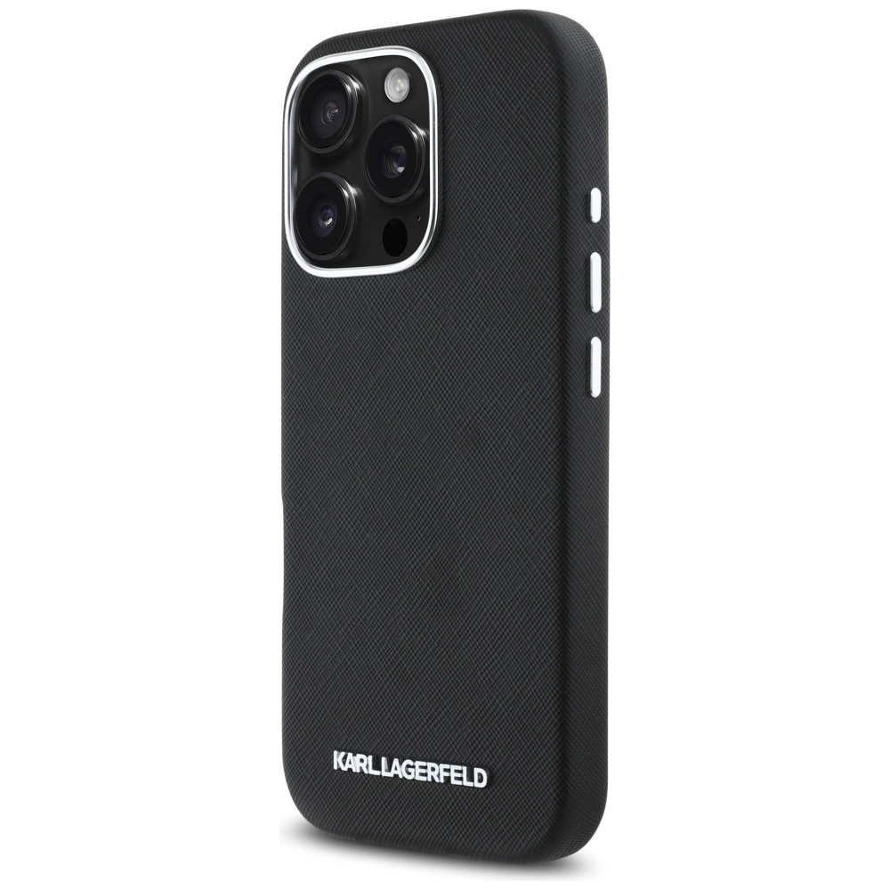 Karl Lagerfeld Saffiano Full Wrapped Elongated Metal Logo MagSafe iPhone 16 Pro Case - Blackeng
