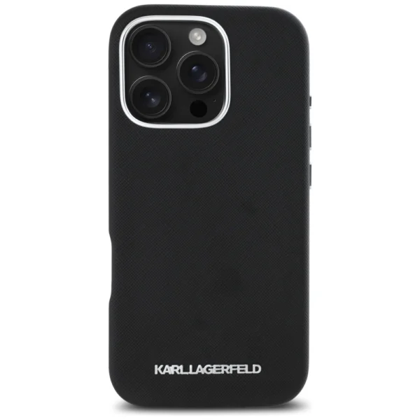 Karl Lagerfeld Saffiano Full Wrapped Elongated Metal Logo MagSafe iPhone 16 Pro Case - Blackeng