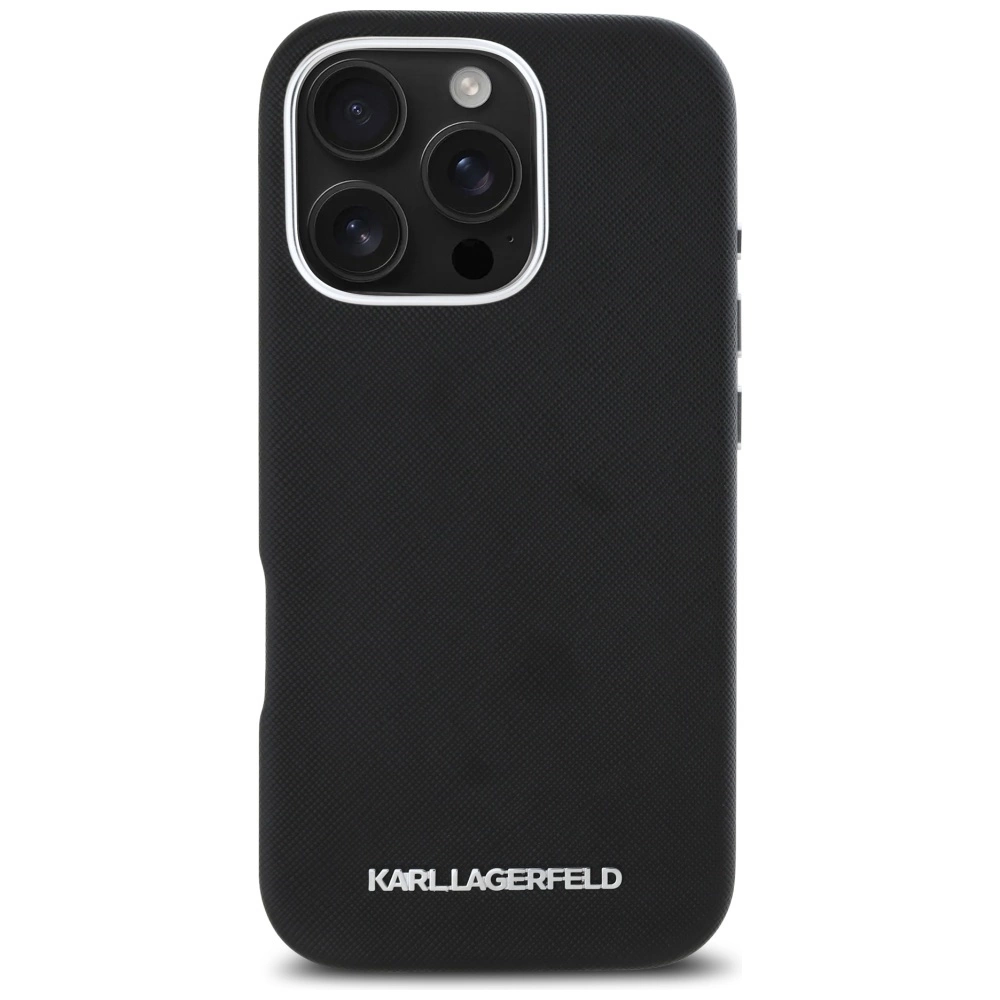 Karl Lagerfeld Saffiano Full Wrapped Elongated Metal Logo MagSafe iPhone 16 Pro Case - Blackeng