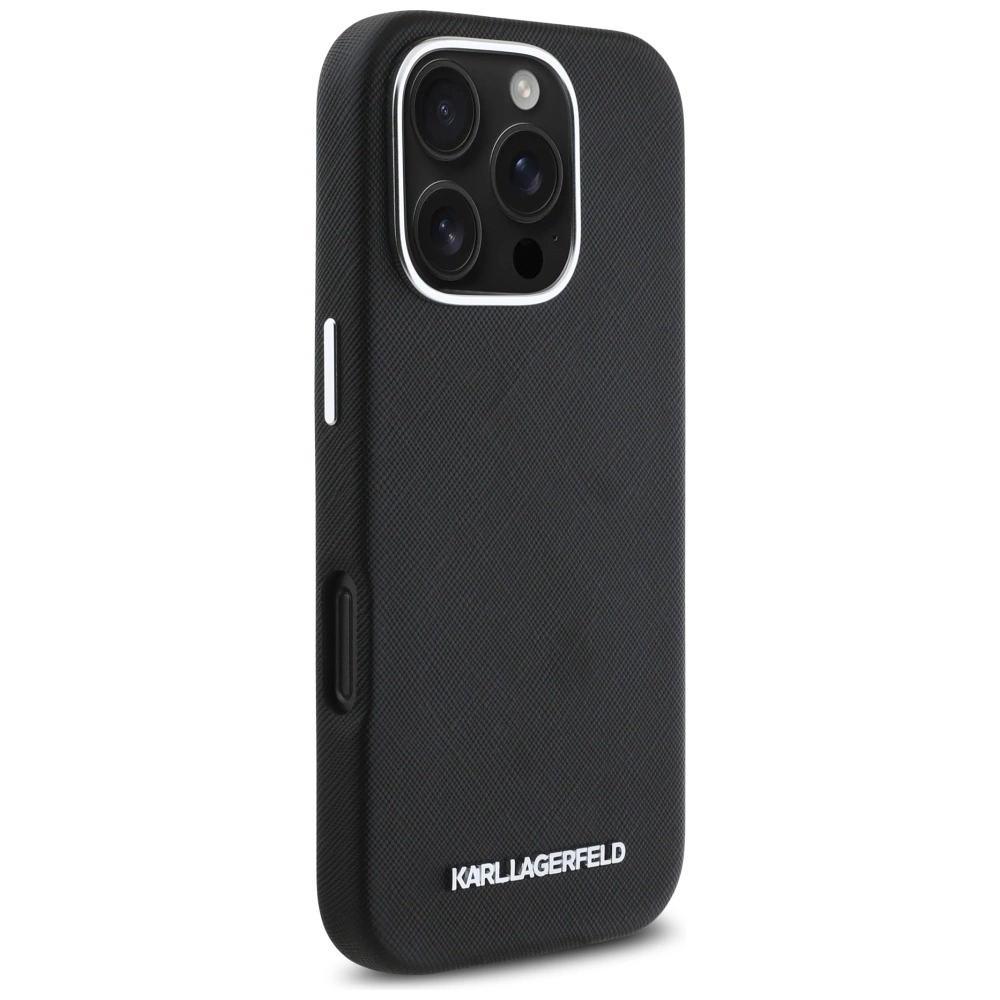 Karl Lagerfeld Saffiano Full Wrapped Elongated Metal Logo MagSafe iPhone 16 Pro Case - Blackeng