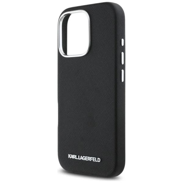 Karl Lagerfeld Saffiano Full Wrapped Elongated Metal Logo MagSafe iPhone 16 Pro Case - Blackeng