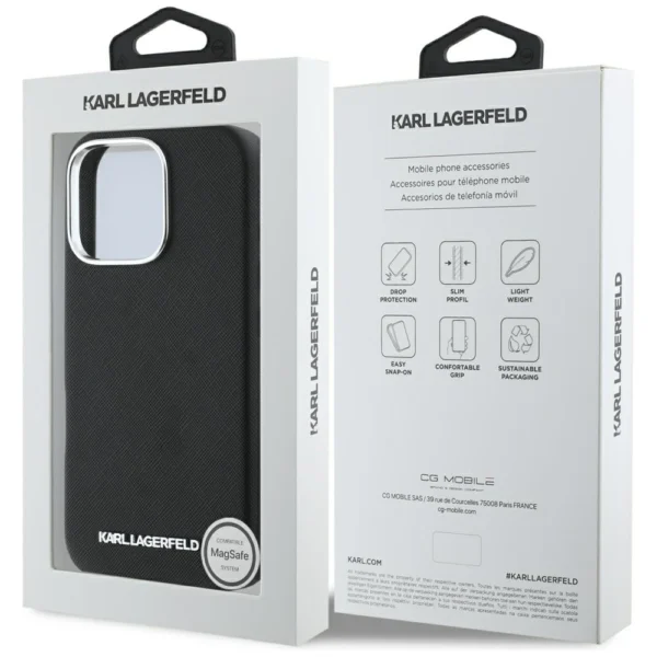 Karl Lagerfeld Saffiano Full Wrapped Elongated Metal Logo MagSafe iPhone 16 Pro Case - Blackeng