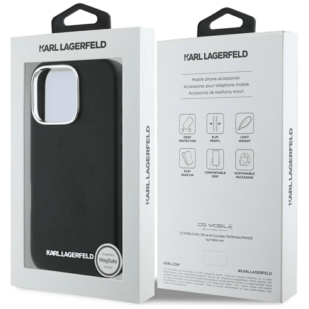 Karl Lagerfeld Saffiano Full Wrapped Elongated Metal Logo MagSafe iPhone 16 Pro Case - Blackeng