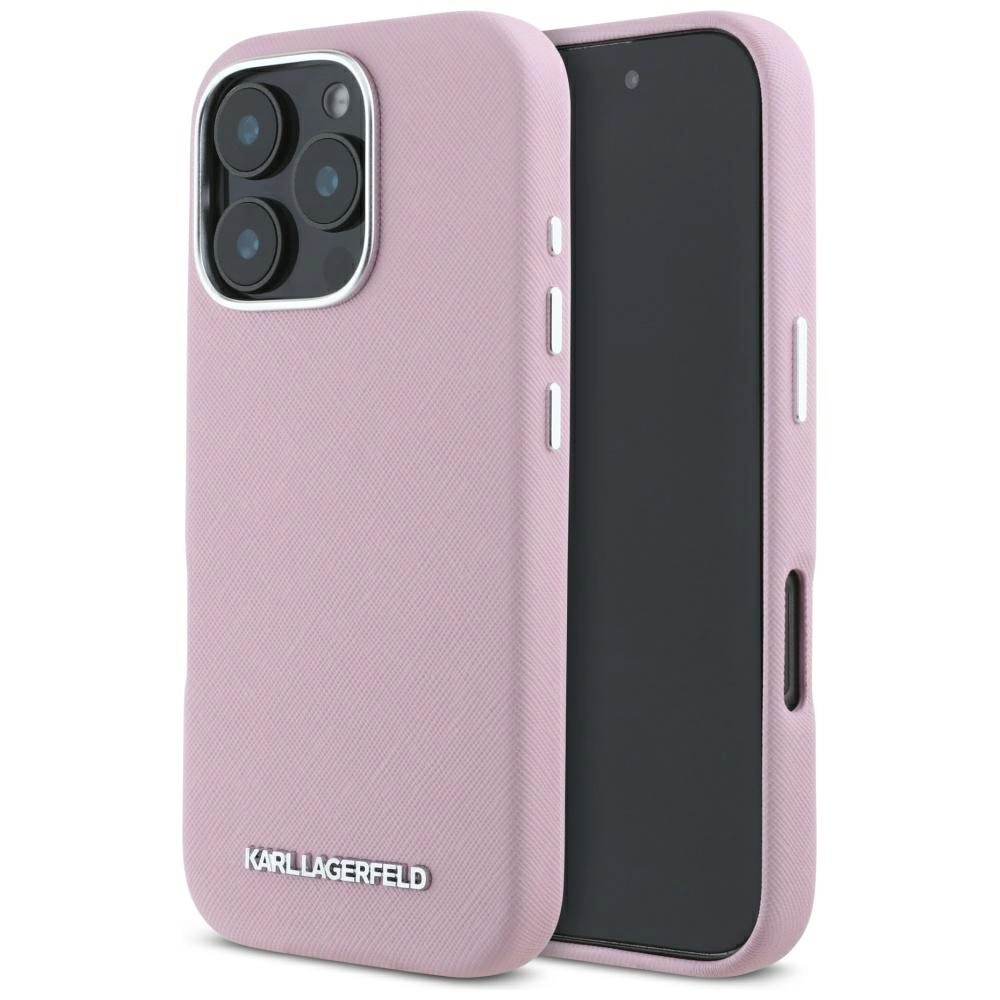 Karl Lagerfeld Saffiano Full Wrapped Elongated Metal Logo MagSafe iPhone 16 Pro Max Case - Pinkeng
