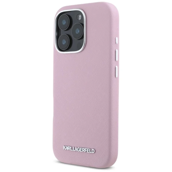 Karl Lagerfeld Saffiano Full Wrapped Elongated Metal Logo MagSafe iPhone 16 Pro Max Case - Pinkeng