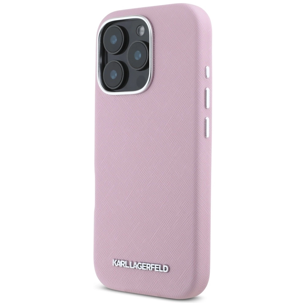 Karl Lagerfeld Saffiano Full Wrapped Elongated Metal Logo MagSafe iPhone 16 Pro Max Case - Pinkeng