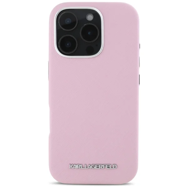 Karl Lagerfeld Saffiano Full Wrapped Elongated Metal Logo MagSafe iPhone 16 Pro Max Case - Pinkeng