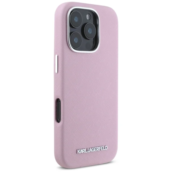 Karl Lagerfeld Saffiano Full Wrapped Elongated Metal Logo MagSafe iPhone 16 Pro Max Case - Pinkeng