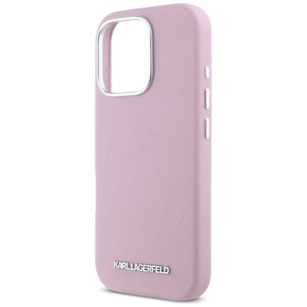 Karl Lagerfeld Saffiano Full Wrapped Elongated Metal Logo MagSafe iPhone 16 Pro Max Case - Pinkeng