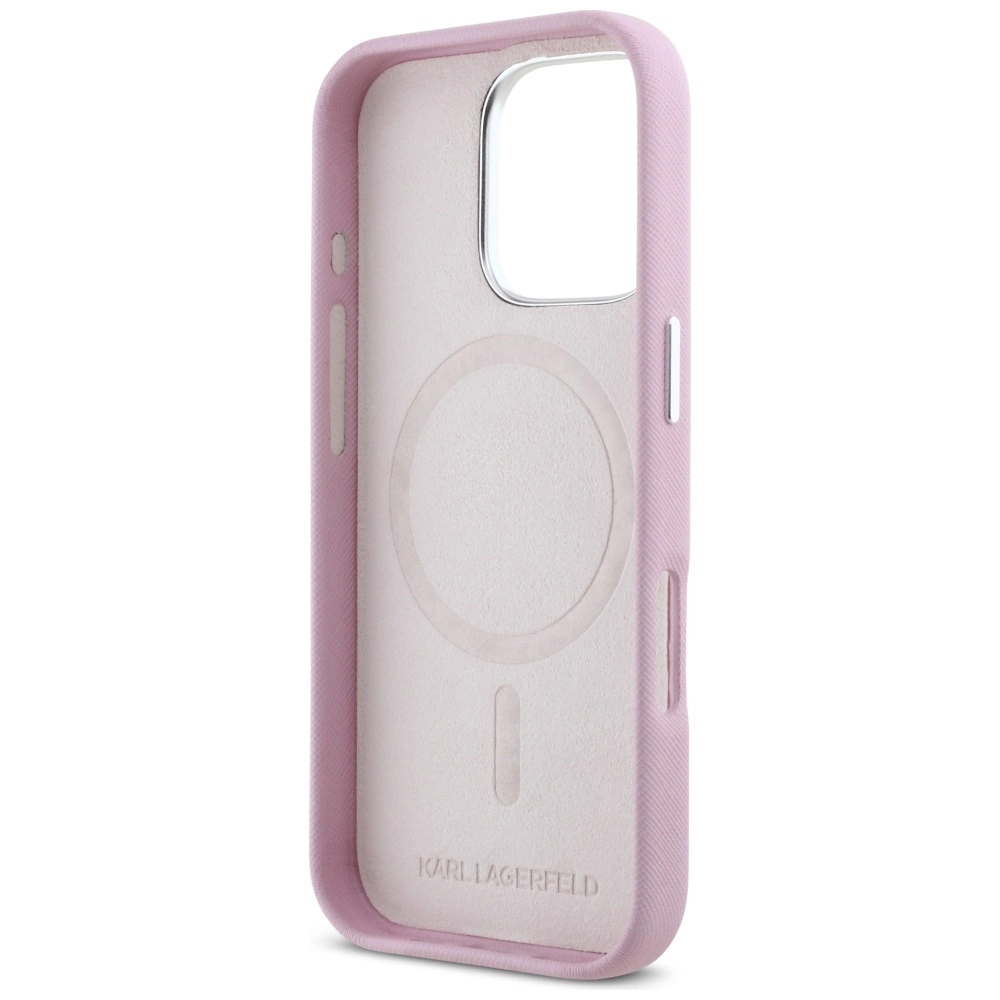 Karl Lagerfeld Saffiano Full Wrapped Elongated Metal Logo MagSafe iPhone 16 Pro Max Case - Pinkeng