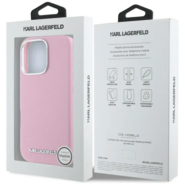 Karl Lagerfeld Saffiano Full Wrapped Elongated Metal Logo MagSafe iPhone 16 Pro Max Case - Pinkeng