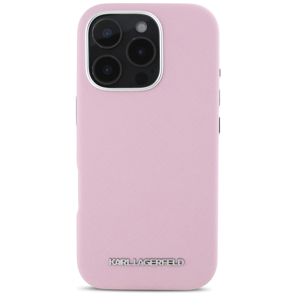 Karl Lagerfeld Saffiano Full Wrapped Elongated Metal Logo MagSafe iPhone 16 Pro Case - Pinkeng