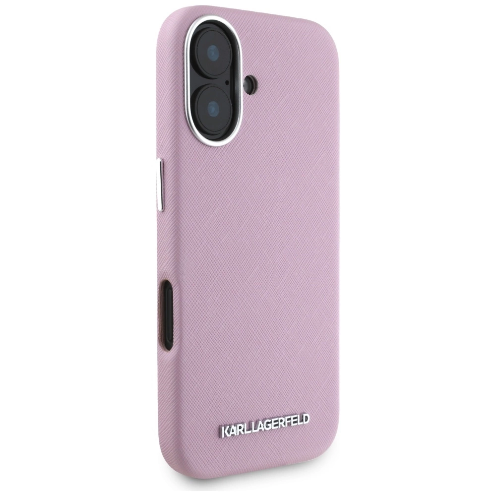 Karl Lagerfeld Saffiano Full Wrapped Elongated Metal Logo MagSafe iPhone 16 Case - Pinkeng